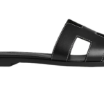 Hermes Oran Sandal Black Calfskin – White Top Stitch Flat Shoes