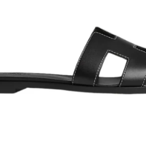 Hermes Oran Sandal Black Calfskin – White Top Stitch Flat Shoes