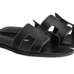 Hermes Oran Sandal Black Calfskin – White Top Stitch Flat Shoes