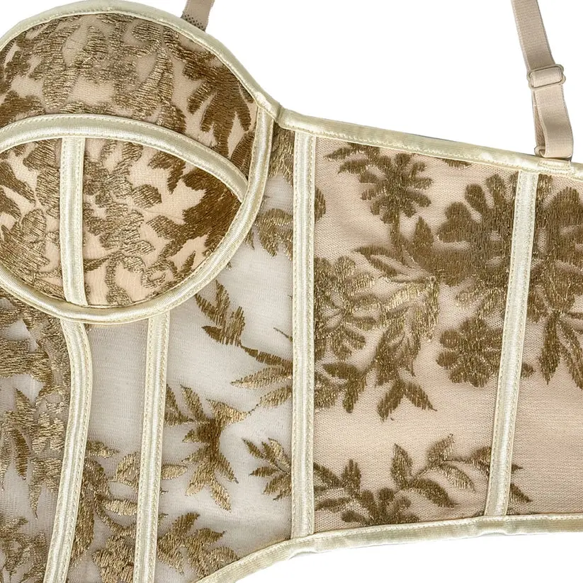 Embroidered Boned Corset Top Built-in Pad Sheer Bustier Camisole