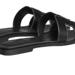 Hermes Oran Sandal Black Calfskin – White Top Stitch Flat Shoes