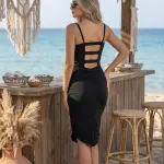 Black ribbed drawstring mini-dress.