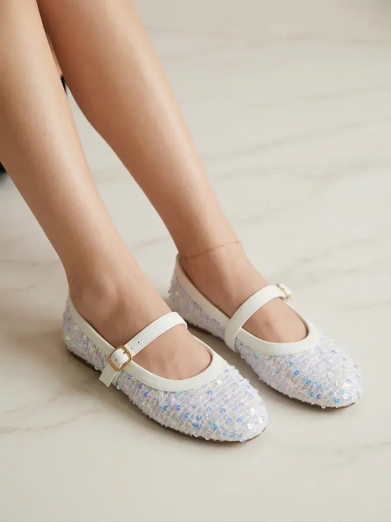 Sparkling Sequin Ballerina Flats with Elegant Strap BN-51