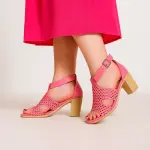 Leather Block Heel Sandals – Perforated Design - C-69