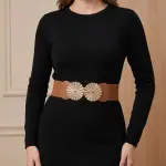 Elastic Waist Belt with Double Golden Medallion Buckle T-53