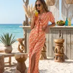 Orange and White Chain Print top&Pants Set.