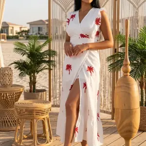 Red Palm-white Wrap Maxi Dress