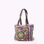 Handmade Crochet Granny Square Tote Bag with Mandala Design & Leather Handles