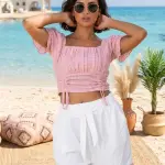 Powder-Pink Eyelet Crop Top & White Trim Shorts Set.
