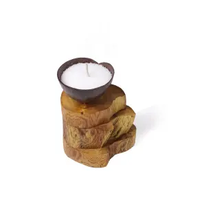 Coconut Shell Candle on Stacked Wood Base – Rustic Tropical Votive Holder