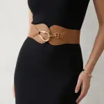 Women's Elastic Wide Waist Belt with Curved Gold Buckle T-54