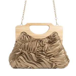 English: Elegant Ruched Handbag with Natural Wooden Handle. VS-53