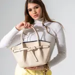 Belted Pebbled Hand Bag - beige