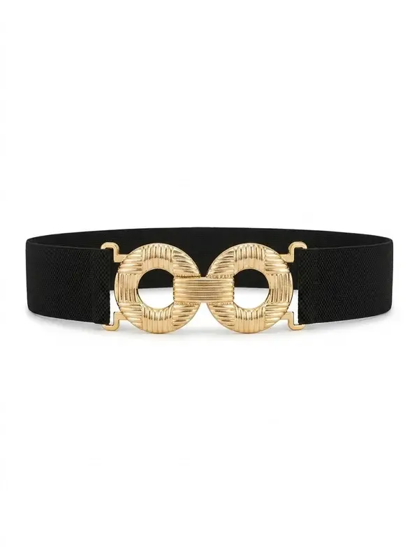 Elastic Waist Belt with Double Circular Gold-Tone Buckle T-50
