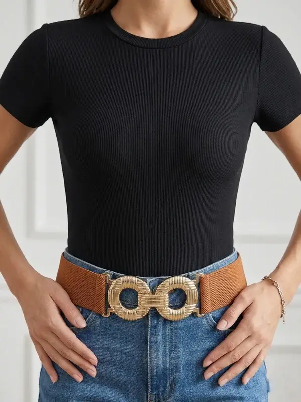 Elastic Waist Belt with Double Circular Gold-Tone Buckle T-50
