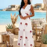 Red Palm-white Wrap Maxi Dress