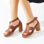 Leather Block Heel Sandals – Perforated Design - C-69