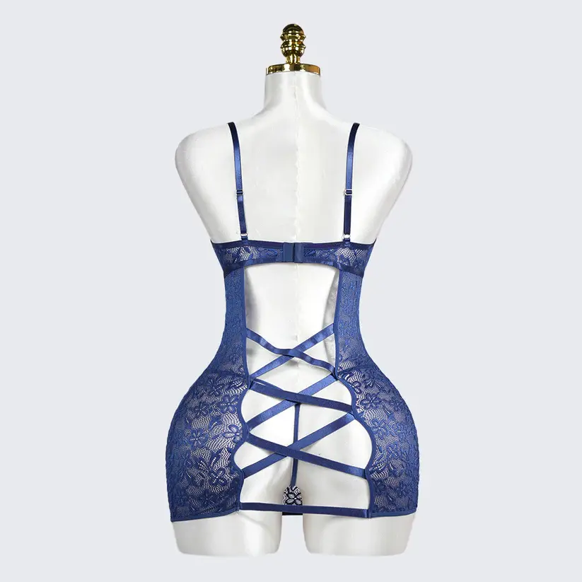 Blue Lace Floral Embroidery See-through Beaded Chemises