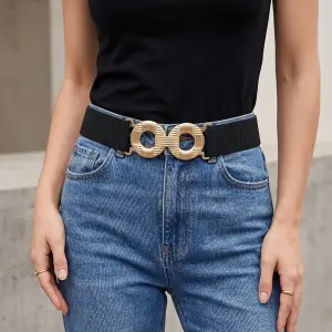 Elastic Waist Belt with Double Circular Gold-Tone Buckle T-50