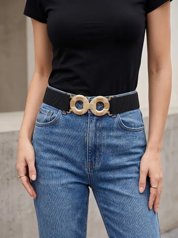 Elastic Waist Belt with Double Circular Gold-Tone Buckle T-50