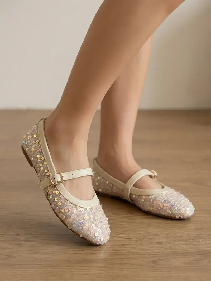Sparkling Sequin Ballerina Flats with Elegant Strap BN-51