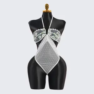 Deep V-neck White Lace Embroidery Bodysuit