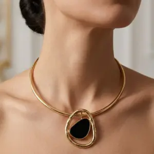 Gold Necklace with Black Pendant N-77