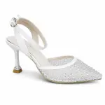 White Rhinestone Mesh Slingback Heels C-131