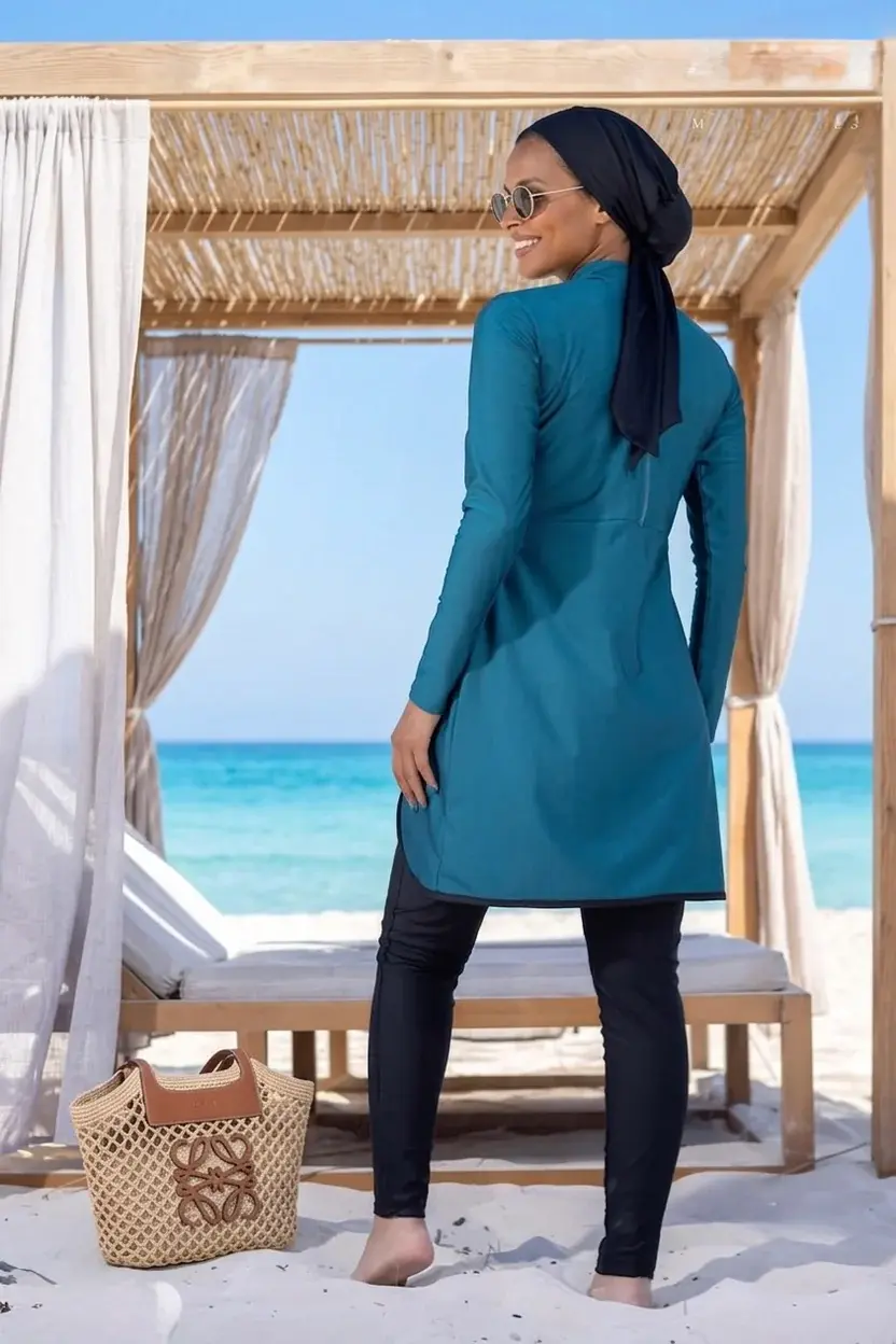 Teal Modest Swimwear Tunic & Black Leggings Set