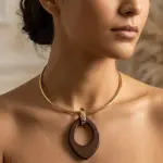 Gold Choker with Natural Wood Pendant N-80