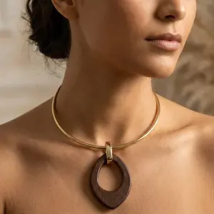 Gold Choker with Natural Wood Pendant N-80