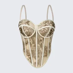 Embroidered Boned Corset Top Built-in Pad Sheer Bustier Camisole