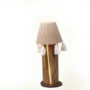 Handcrafted Boho Wood Table Lamp with Jute Shade & Tassels – Rustic Ambient LED Lighting