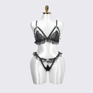 Plus Size Bow Accent Black Bra Panty Set