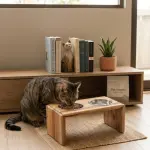 Modern Boho Wooden Pet Bowl Holder – Water-Resistant Raised Feeder for Cats and Small Dogs