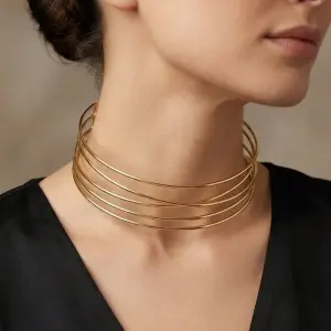 A wide gold necklace featuring multiple thin, sleek layers N-83