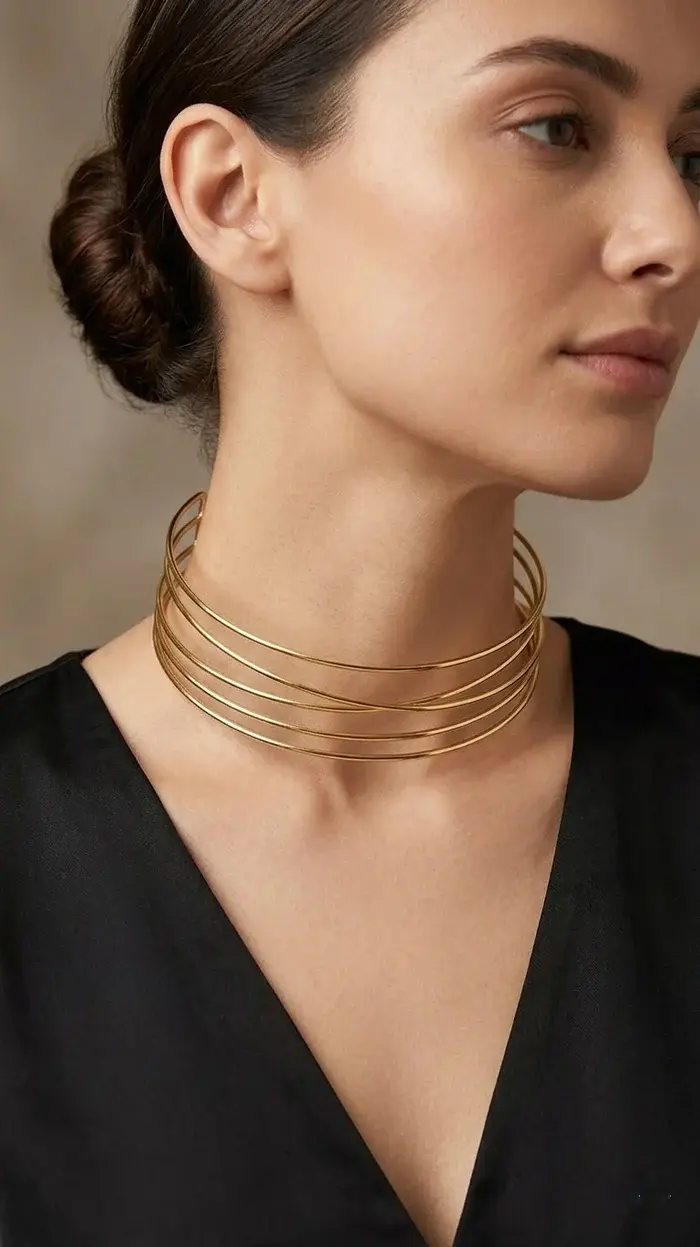 A wide gold necklace featuring multiple thin, sleek layers N-83