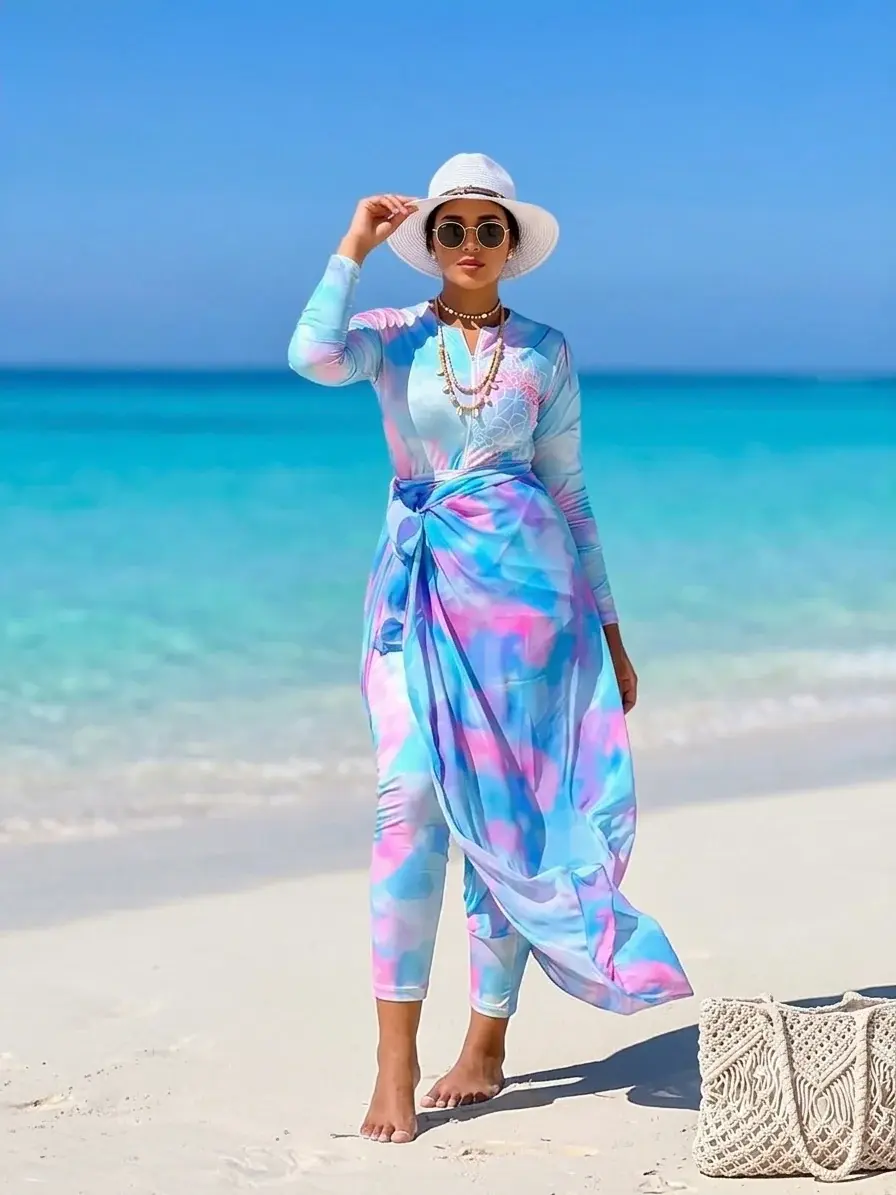 Blue & Pink Tie-Dye Burkini Set with Sarong