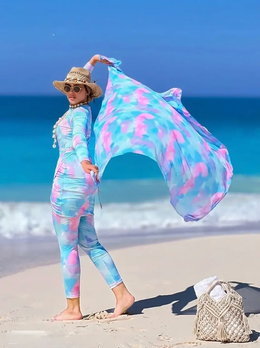 Blue & Pink Tie-Dye Burkini Set with Sarong