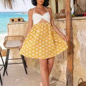 White and Yellow Floral Halter Mini Dress