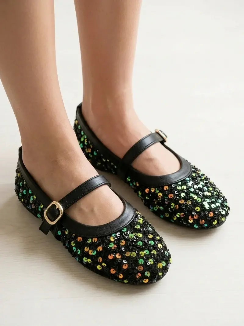 Sparkling Sequin Ballerina Flats with Elegant Strap BN-51