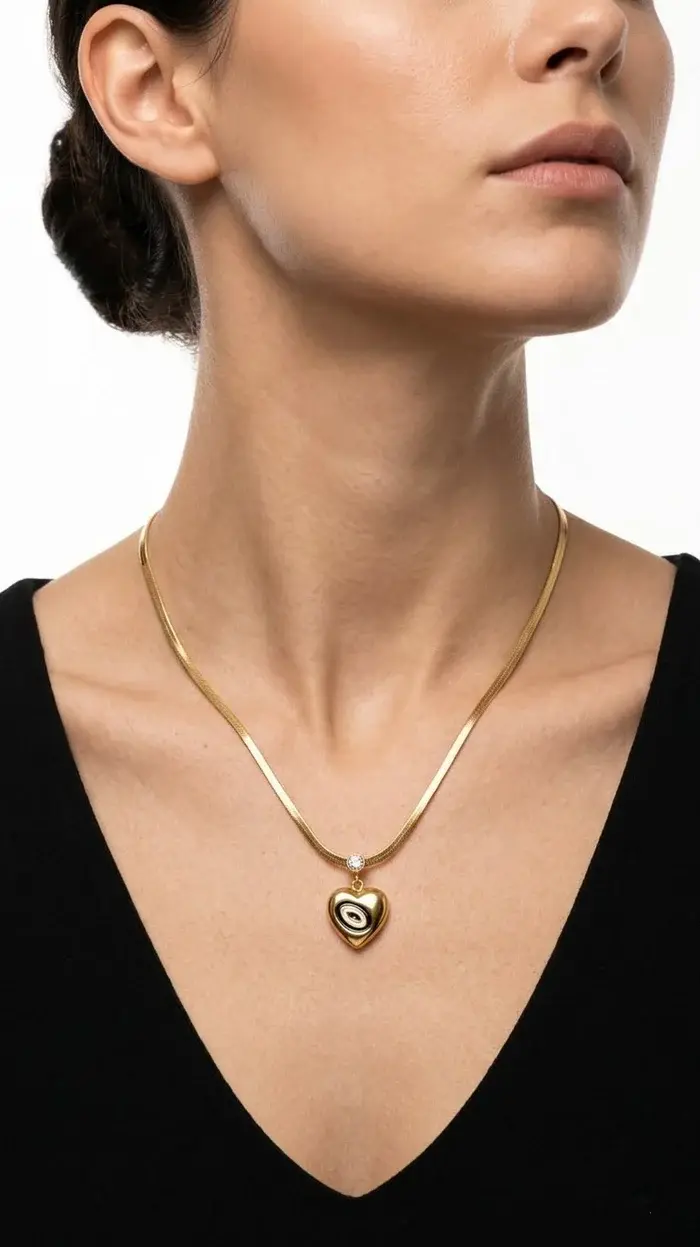Puffy Gold Heart Necklace on Flat Chain N-88