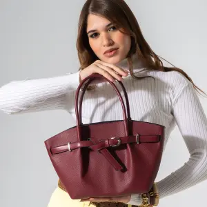 Belted Pebbled Hand Bag - marron