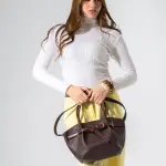 Belted Pebbled Hand Bag - brown