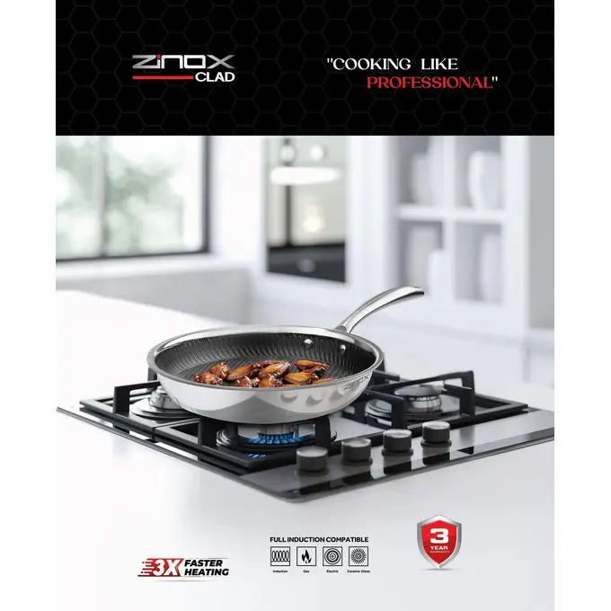 Zinox 24 سممقلاية زينوكس كلاد تكنولوجيا ثلاثية الطبقات بتضمن توزيع حراري مثالي وكفاءة أعلى في الطهي سطح مزود بنمط سداسي . مدعوم بضمان لمدة 3 سنوات.