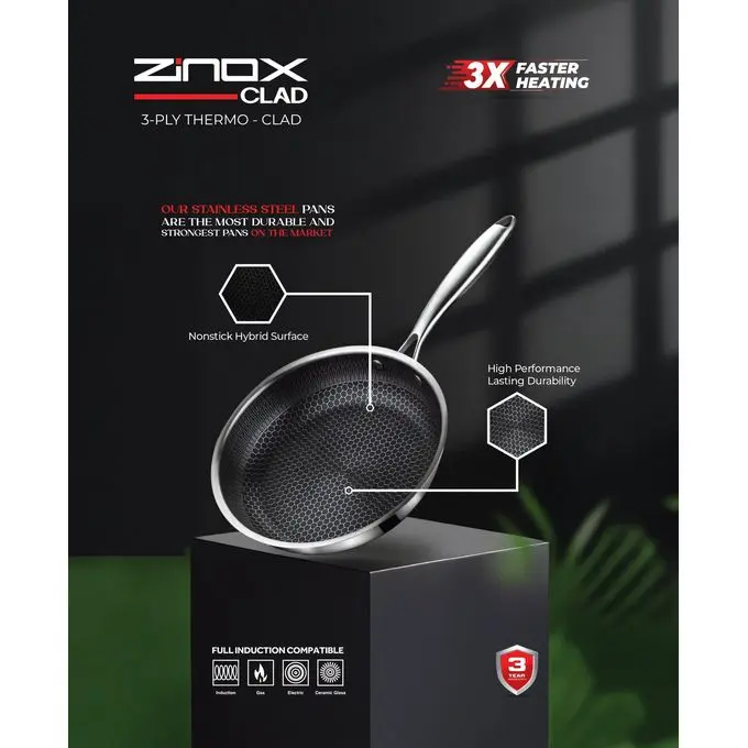 Zinox مقلاية زينوكس كلاد تكنولوجيا ثلاثية الطبقات بتضمن توزيع حراري مثالي وكفاءة أعلى في الطهي سطح مزود بنمط سداسي . مدعوم بضمان لمدة 3 سنوات.