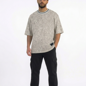 Beige Oversized Fashion T-Shirt with Knit Collar