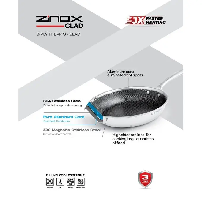 Zinox مقلاية زينوكس كلاد تكنولوجيا ثلاثية الطبقات بتضمن توزيع حراري مثالي وكفاءة أعلى في الطهي سطح مزود بنمط سداسي . مدعوم بضمان لمدة 3 سنوات.