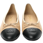 Chanel Beige/Black Leather CC Bow Cap Toe Ballet Flats