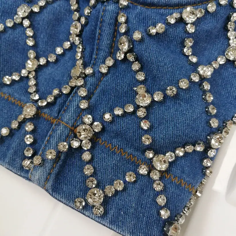 Rhinestone Denim Corset Top Underwire Bustier Spaghetti Strap Crop Top